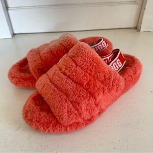 Ugg Fluff Yeah neon coral fuzzy slides size 9.